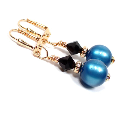 Teal Blue Moonglow Lucite and Black Glass Beaded Handmade Drop Earrings Gold Plated Hook Lever Back or Clip On
