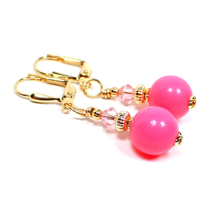 Bright Pink Handmade Round Drop Earrings Gold Plated Hook Lever Back or Clip On
