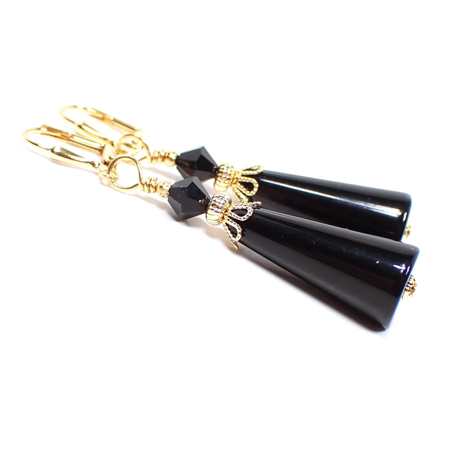 Black Lucite Handmade Cone Earrings Gold Plated Hook Lever Back or Clip On