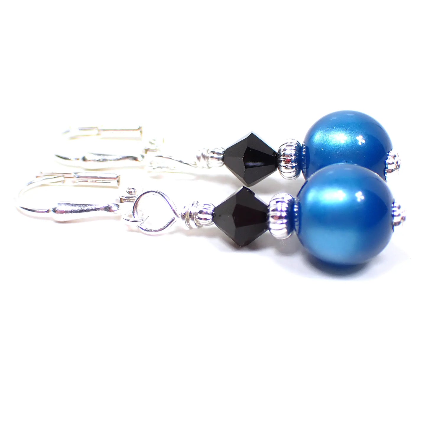 Teal Blue Moonglow Lucite and Black Glass Beaded Handmade Drop Earrings Silver Plated Hook Lever Back or Clip On