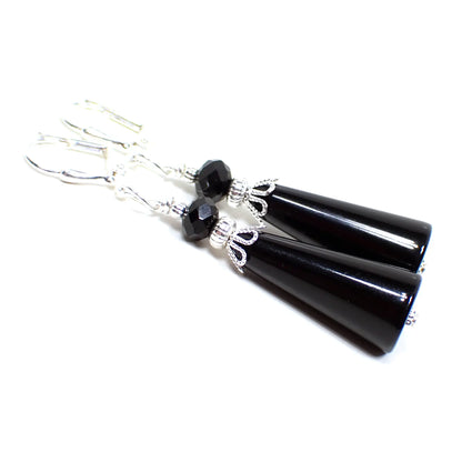 Black Lucite Handmade Cone Earrings Silver Plated Hook Lever Back or Clip On