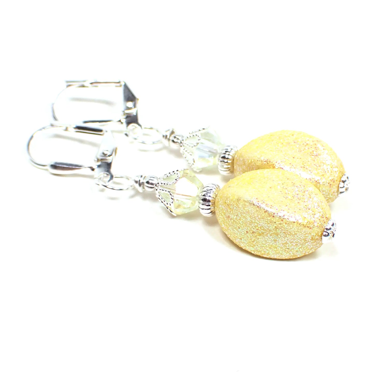 Handmade Drop Earrings with Light Yellow Vintage Acrylic Glitter Beads Silver Plated Hook Lever Back or Clip On