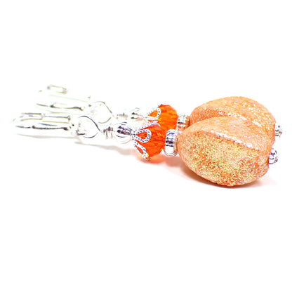 Handmade Drop Earrings with Orange Vintage Acrylic Glitter Beads Silver Plated Hook Lever Back or Clip On