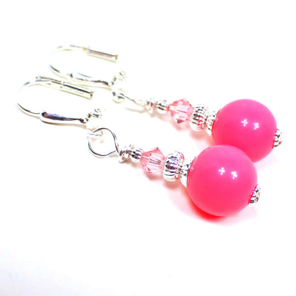 Bright Pink Handmade Round Drop Earrings Silver Plated Hook Lever Back or Clip On