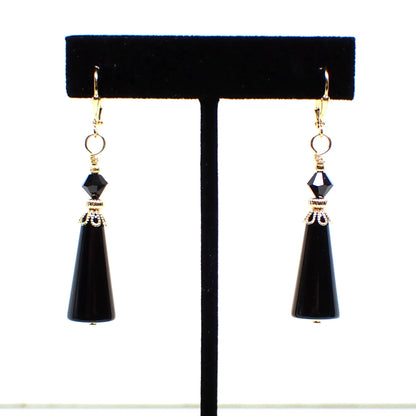 Black Lucite Handmade Cone Earrings Gold Plated Hook Lever Back or Clip On