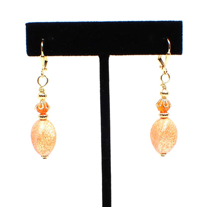 Handmade Drop Earrings with Orange Vintage Acrylic Glitter Beads Gold Plated Hook Lever Back or Clip On