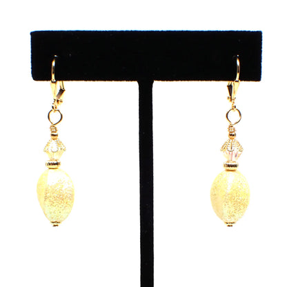 Handmade Drop Earrings with Light Yellow Vintage Acrylic Glitter Beads Gold Plated Hook Lever Back or Clip On