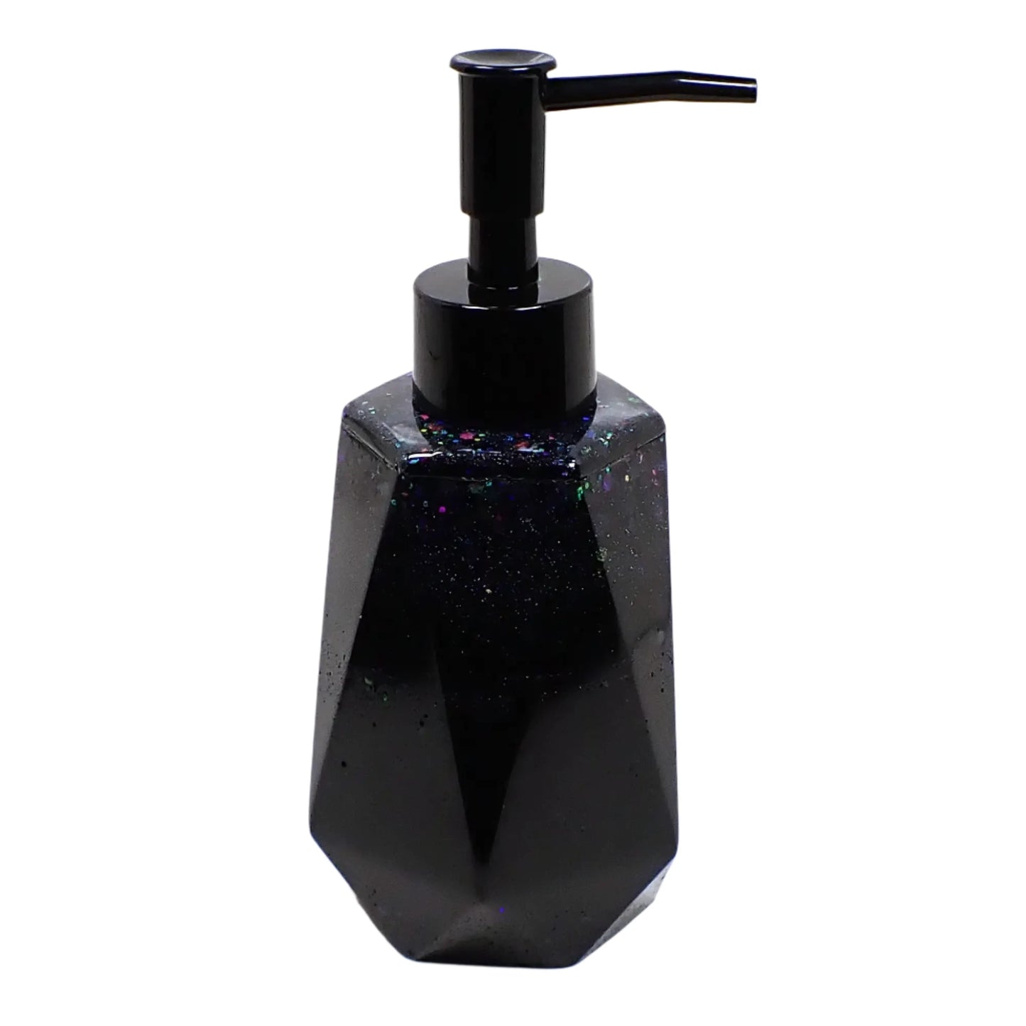 Side view of the handmade resin soap dispenser. It has a faceted design that's flared on the bottom and tapered at the top. There are bands of black resin and iridescent black glitter for a black and dark gray sparkly appearance. 