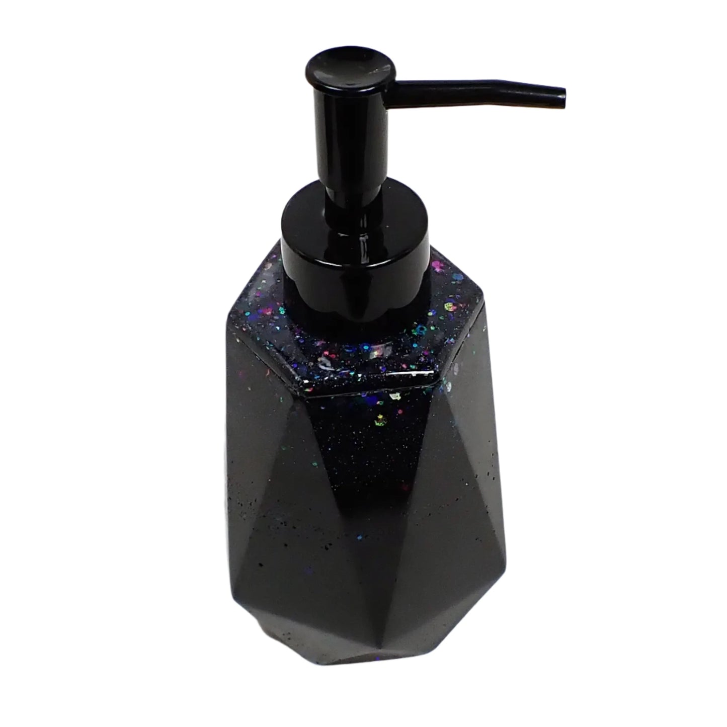 Angled view of the black glitter soap dispenser showing how the glitter sparkles different colors at the top.