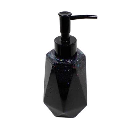 Another side view of the handmade resin black glitter soap dispenser. The pump color shown in the photo is black.