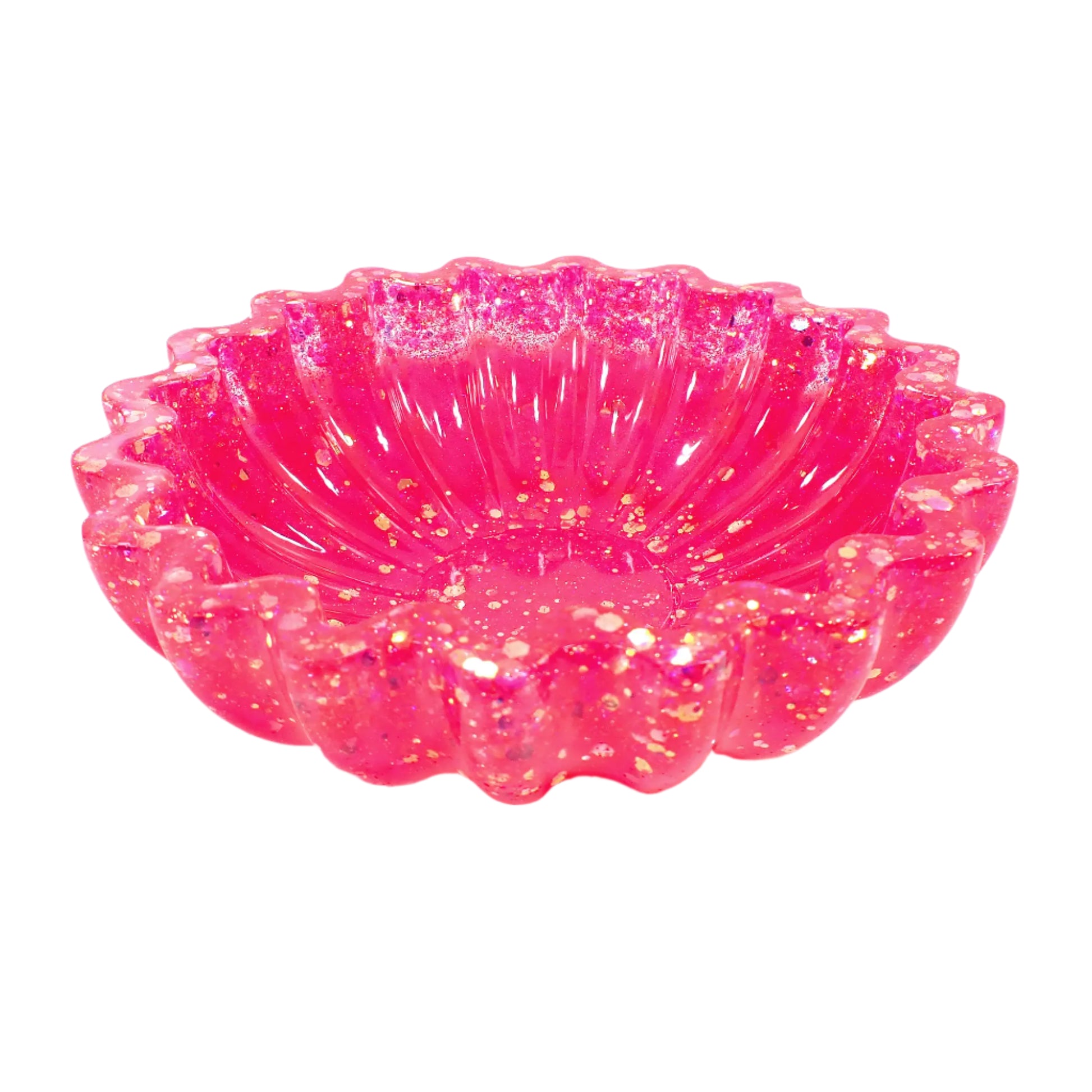 Angled photo of the handmade scalloped resin bowl. Here the inside area where items can be placed is easily seen.