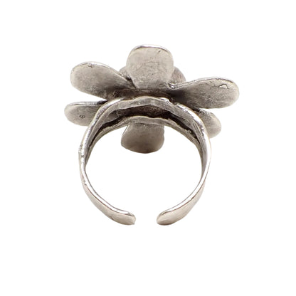 Photo of the back of the color shift flower ring showing the band. It is a split style band at the top with curved tapered ends. Between the ends is the opening where the size of the ring can be adjusted.