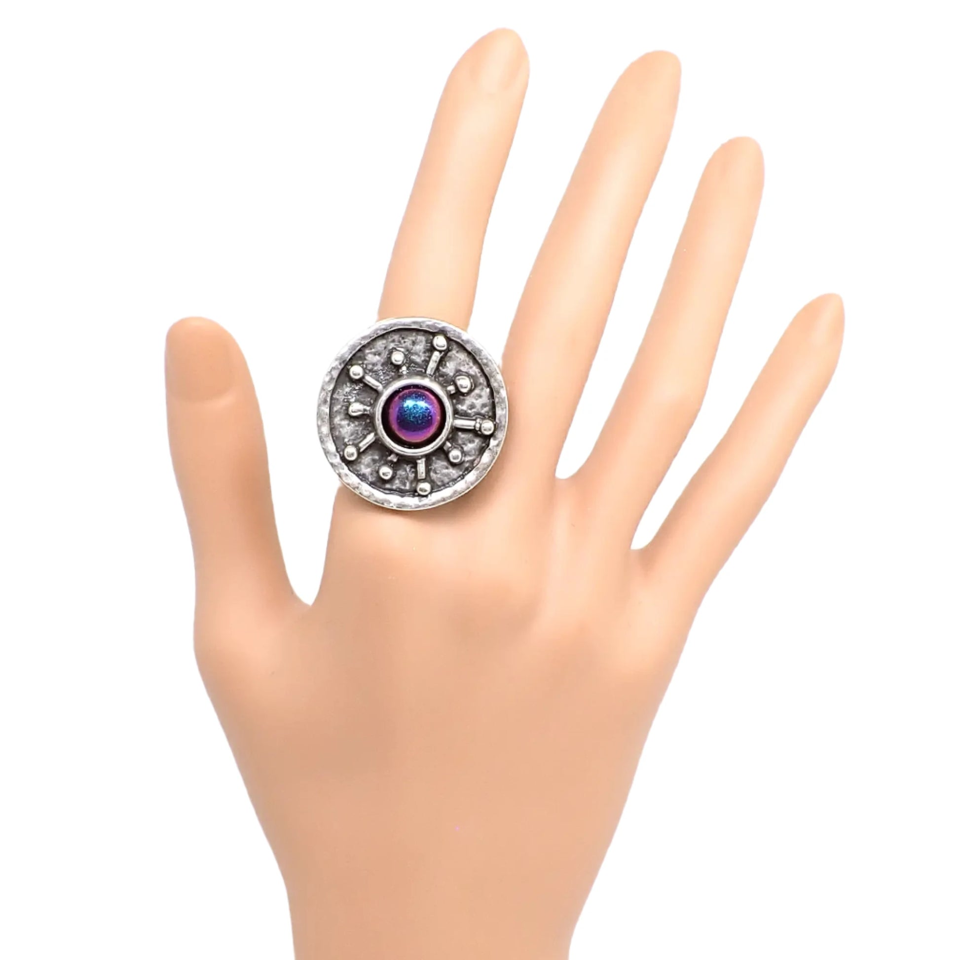 Photo showing the ring on a mannequin hand to give an idea of size and how the ring looks while worn.