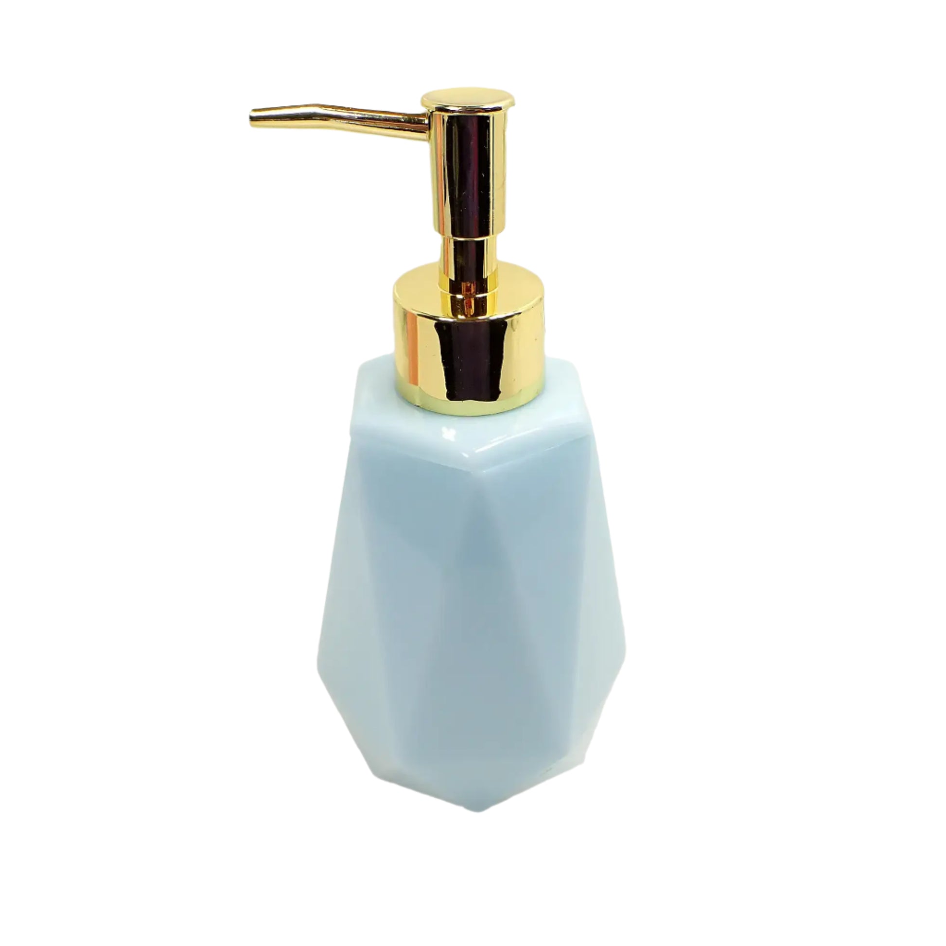 Another angled view of the handmade soap dispenser showing more of the top part that has a hexagon shape. The blue resin is very light in color.