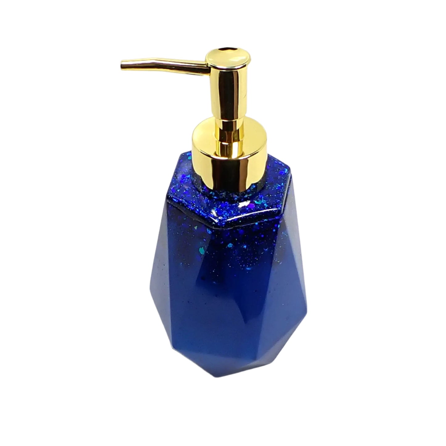 Angled view showing more of the top area of the dark ocean blue soap dispenser showing how the glitter has flashes of color.