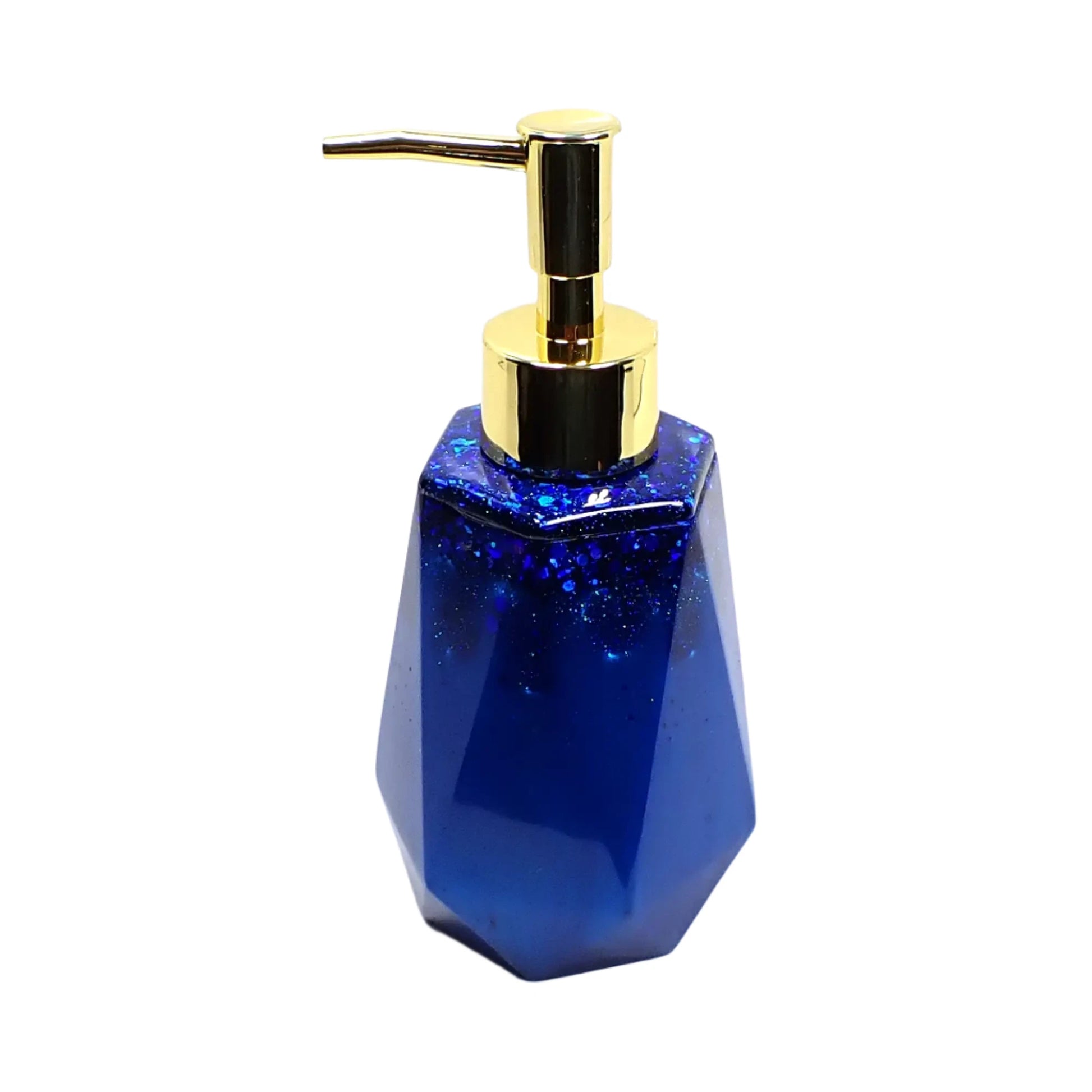 Another side view of the soap dispenser showing a gold color pump in the photo.