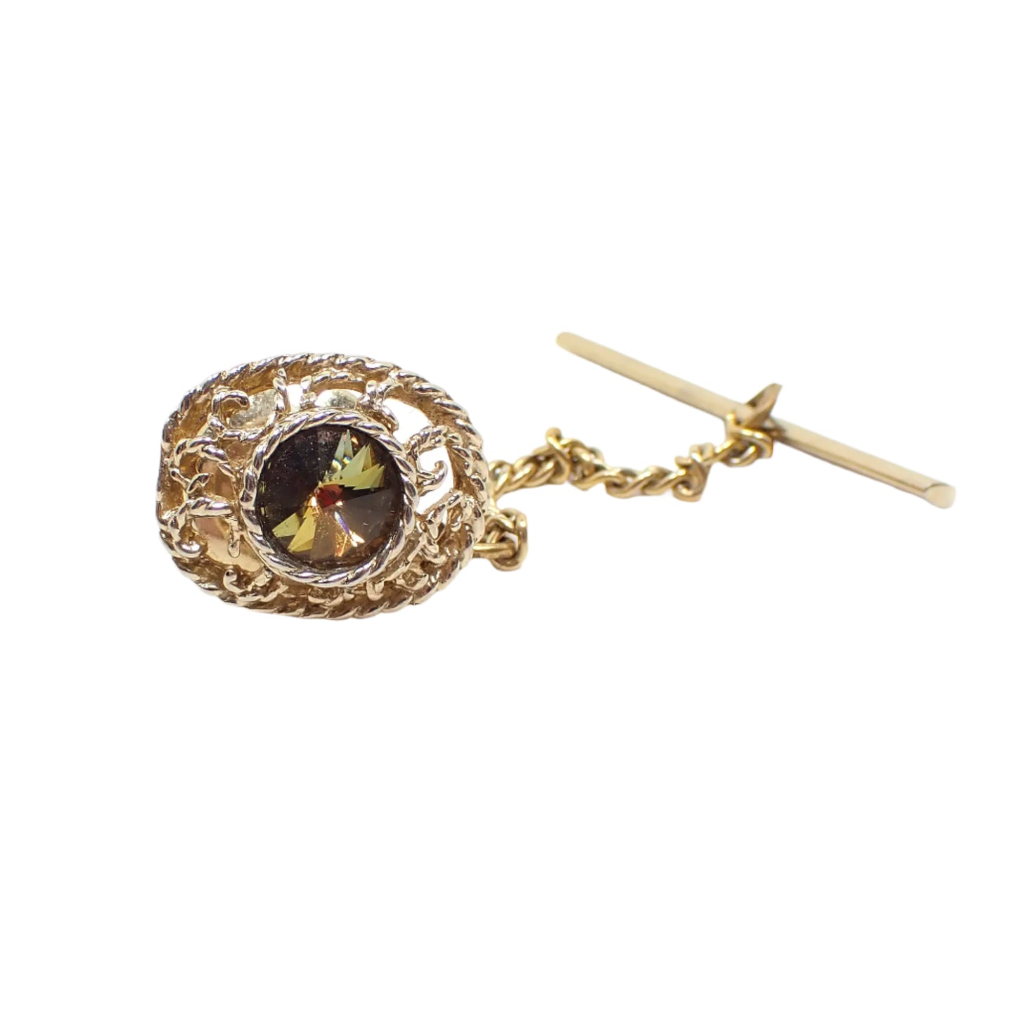 Full view of the Swank vintage rivoli rhinestone tie tack showing the clutch chain and bar as well as the tie tack itself.