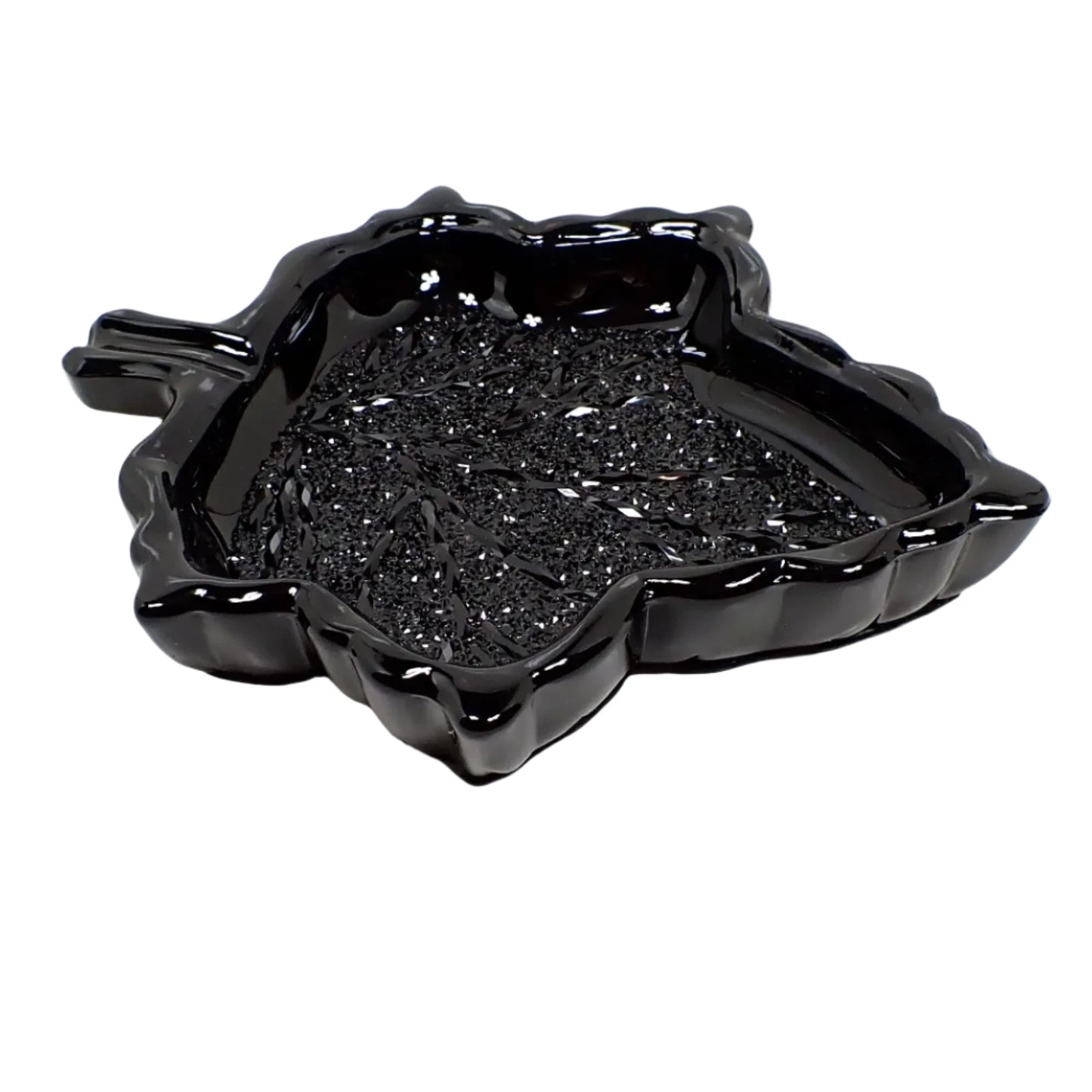 Another view of the handmade Goth black leaf trinket dish showing more of the side areas and how shiny the black resin is.