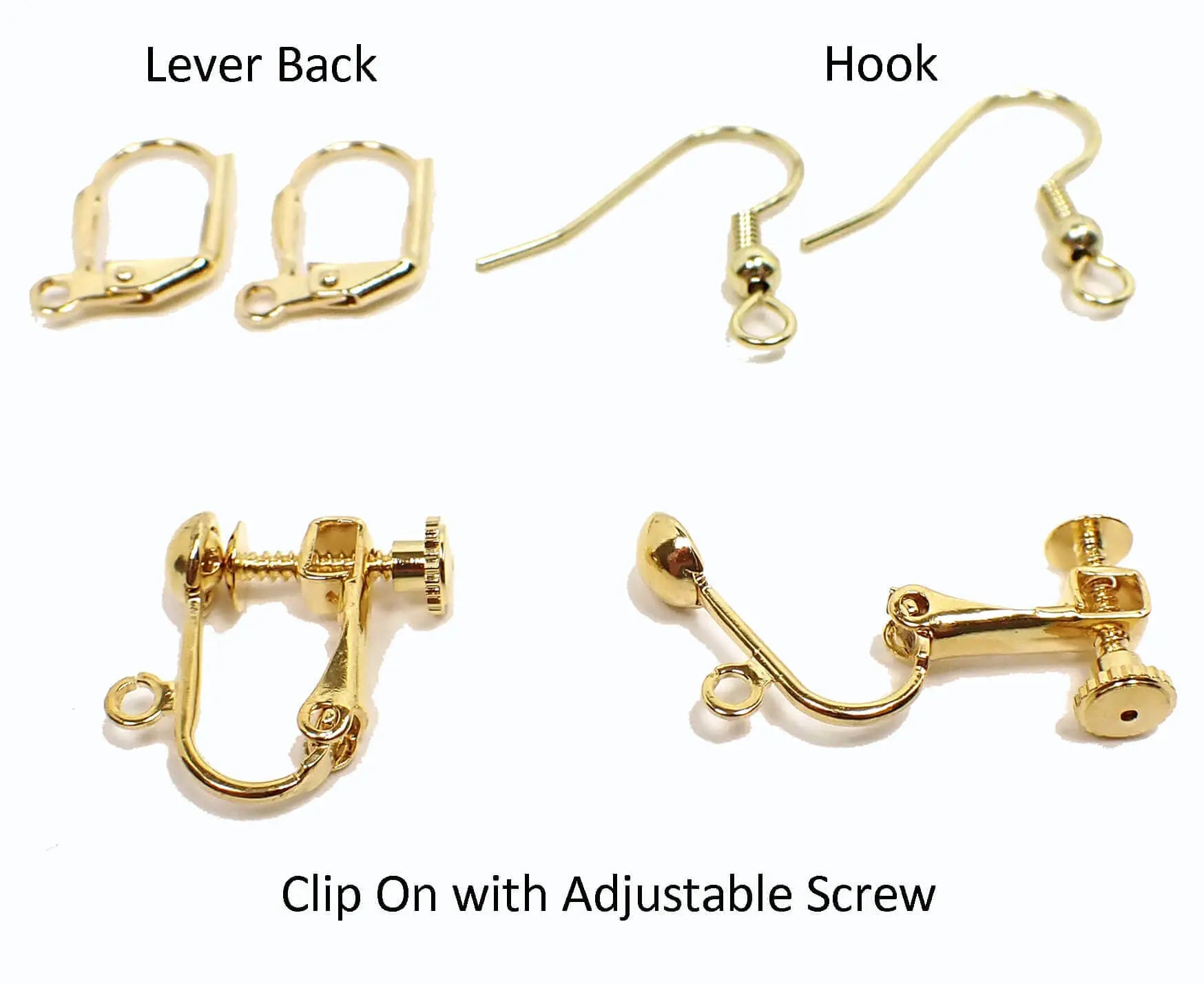 Photo shoing the three types of earring types available. The top left shows lever back pierced, the top right shows fish hook pierced, and the bottom shows clip on with adjustable screws for non-pierced ears.