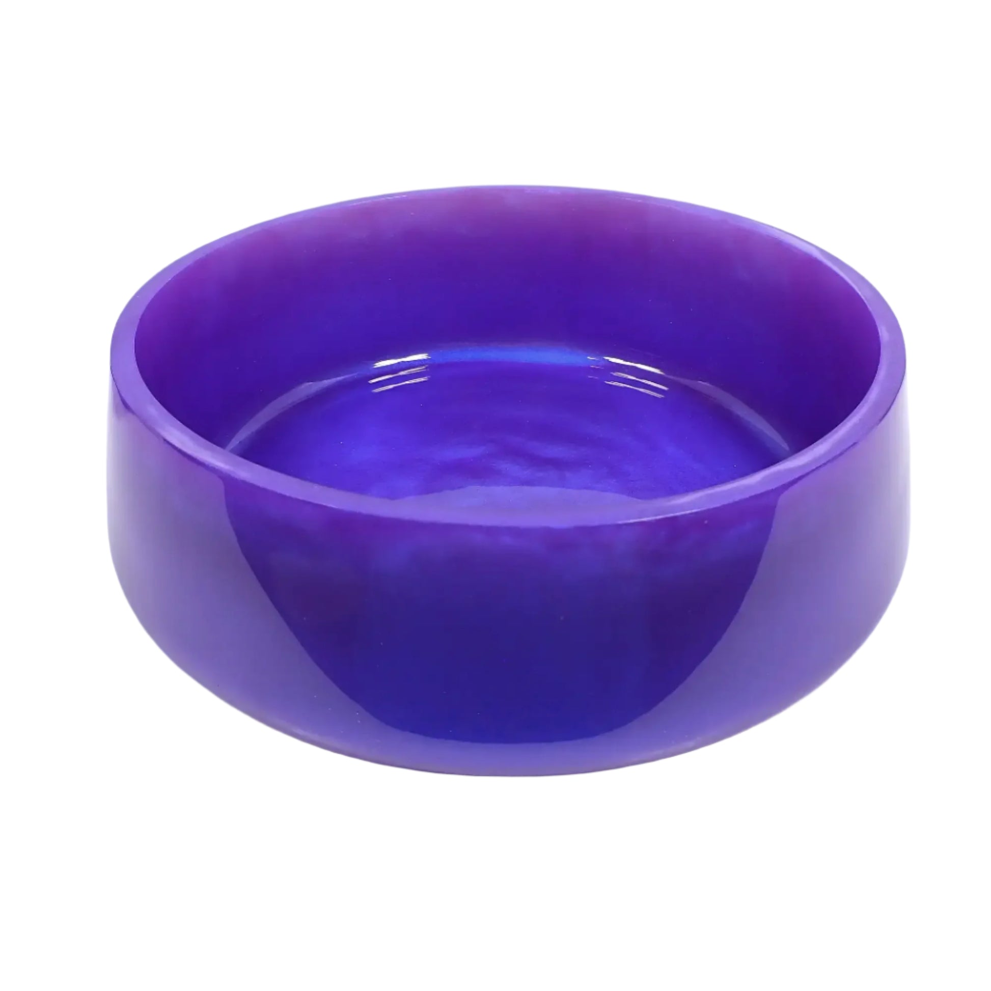 Angled view of the handmade iridescent purple blue decorative bowl showing more of the inside area where items could be placed.