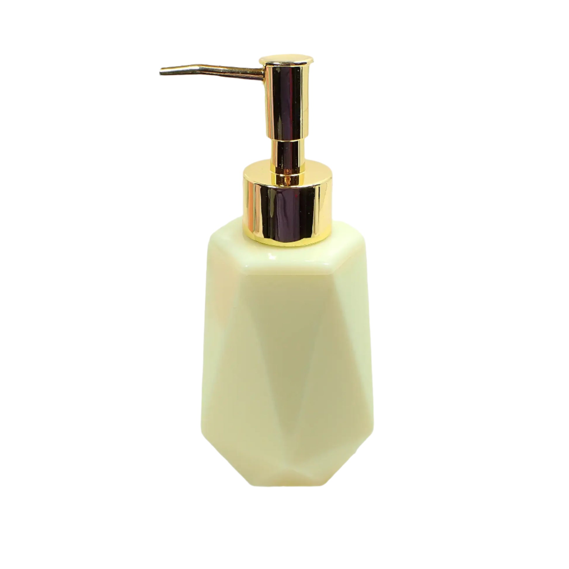 Angled view of the handmade resin soap dispenser. This shows more of the top and it's hexagon shape. The bottle is faceted and has a flared bottom.