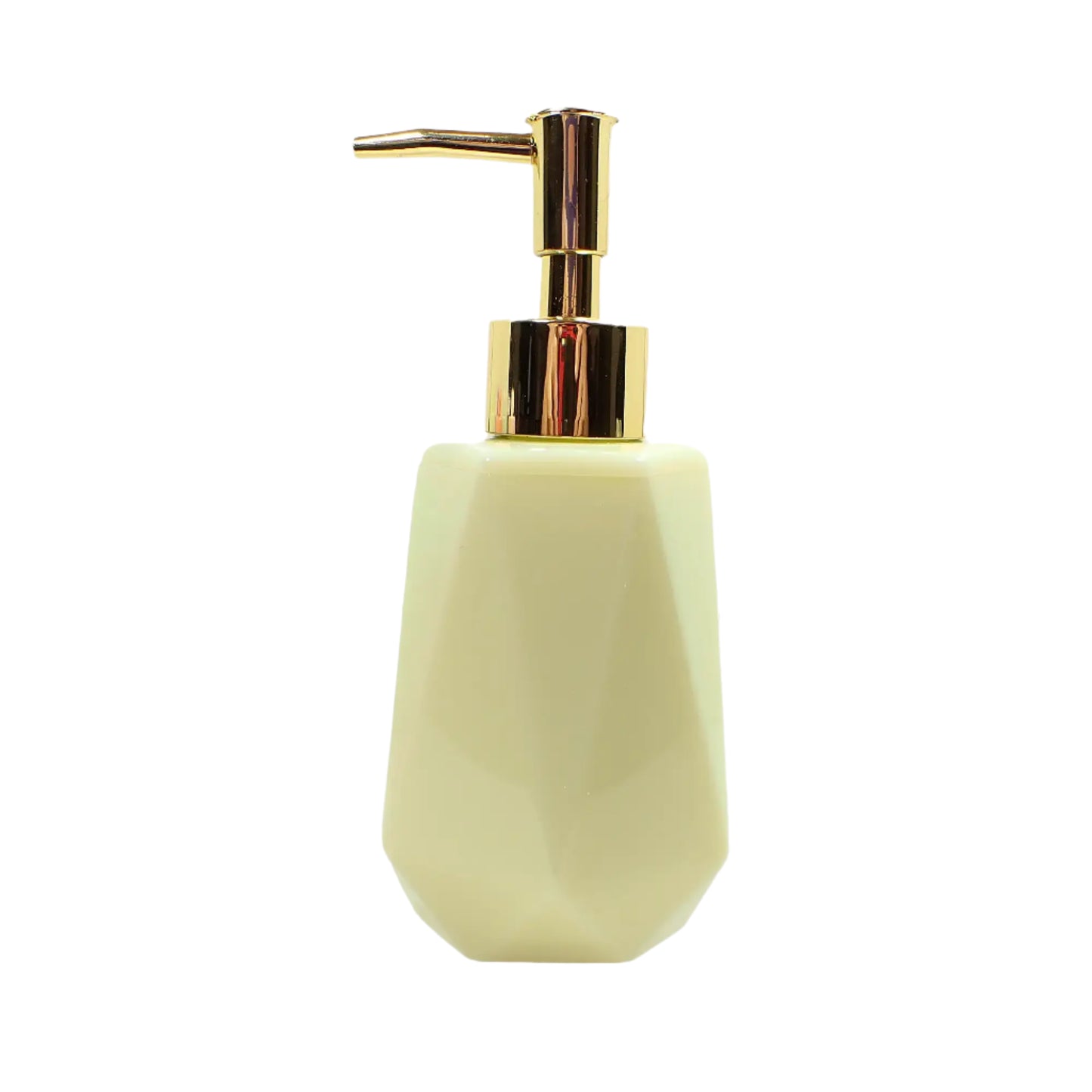 Side view of the handmade soap dispenser. The lemon cream light yellow color is solid and opaque. 