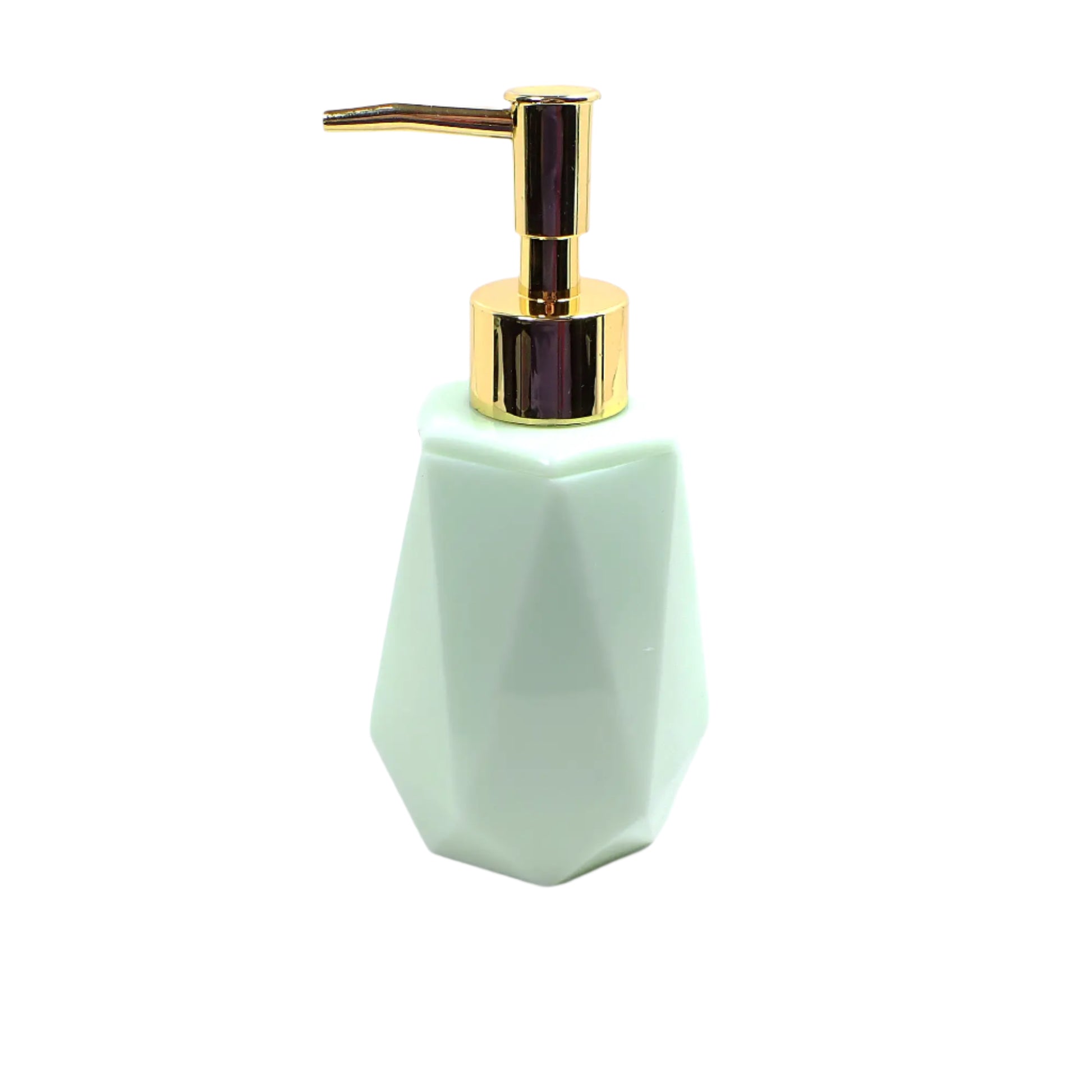 Side view of the handmade soap dispenser. It has a faceted shape with flared bottom and is a very light pastel green in color. 