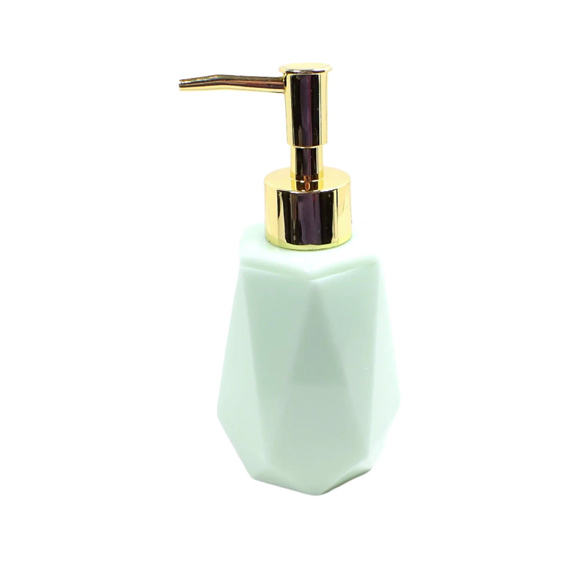 Angled view of the soap dispenser. The lime cream color resin is very light green in color.