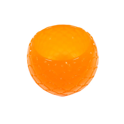 Angled top view of the handmade neon orange resin decorative bowl showing more of the inside area where small objects could be placed. The inside is shiny and smooth.