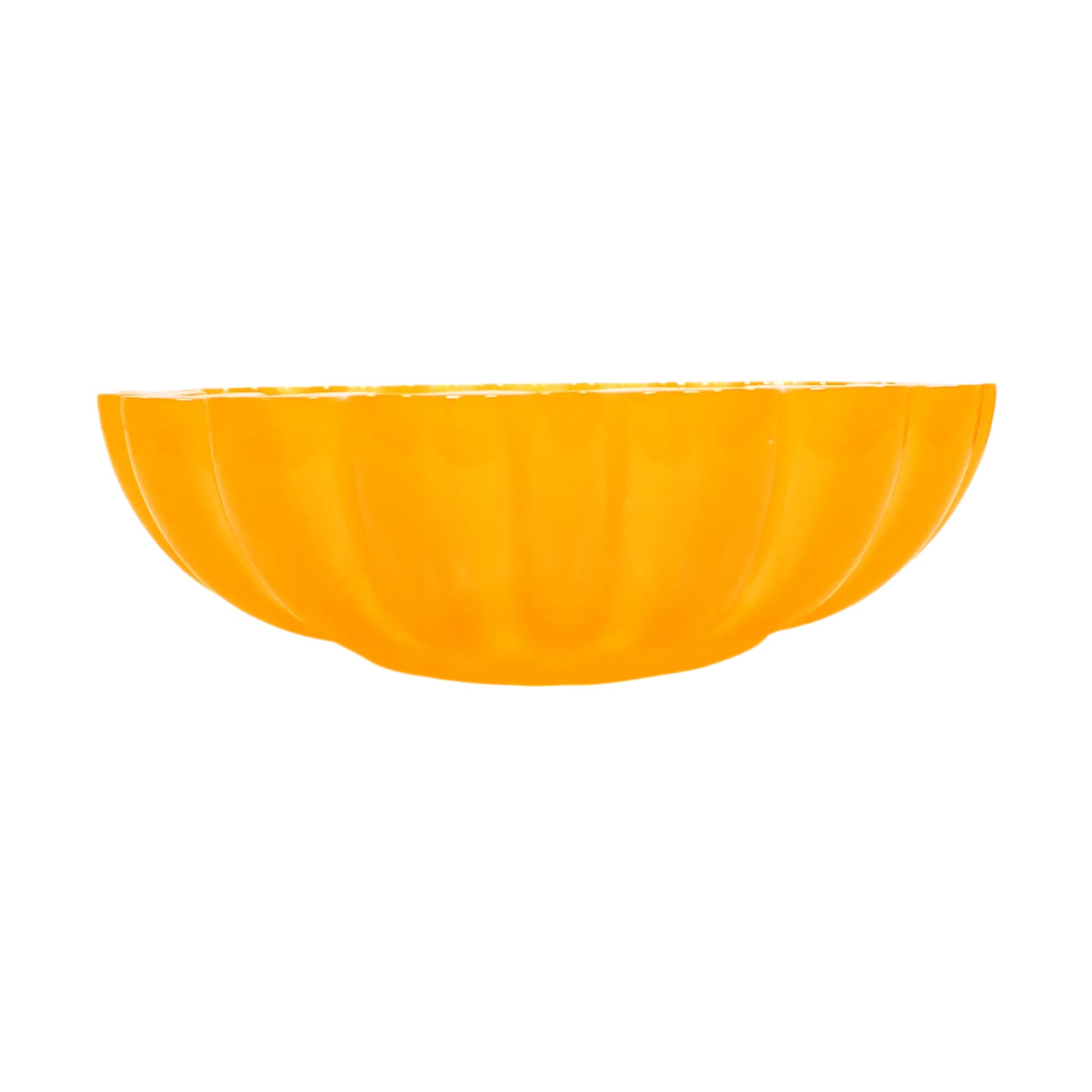 Side view of the handmade neon orange resin scalloped bowl. The bottom of the bowl has a short round edge for the bowl to sit flush on the table with. The sides are fluted. The resin is shiny and semi translucent in a tangerine neon orange color. Great pop of color to your Spring and Summer home decor.