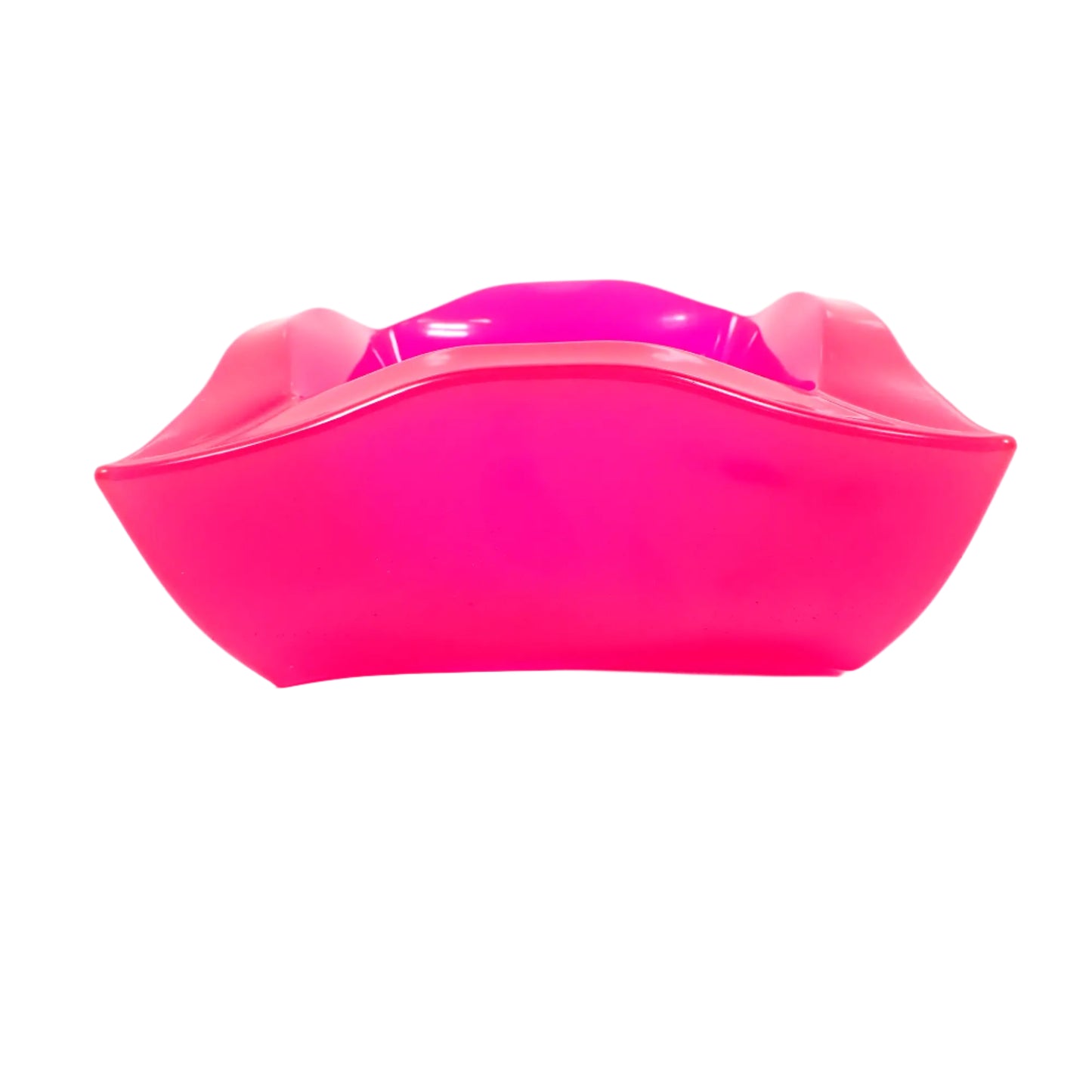 Side view of the large handmade resin retro atomic style square decorative bowl. The resin is shiny and semi translucent in a bright neon pink color. This image shows the curves on the sides, top, and bottom of the piece.