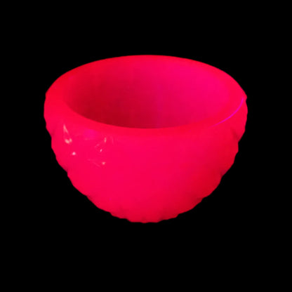 Photo showing the neon pink footed bowl fluorescing under a UV light.