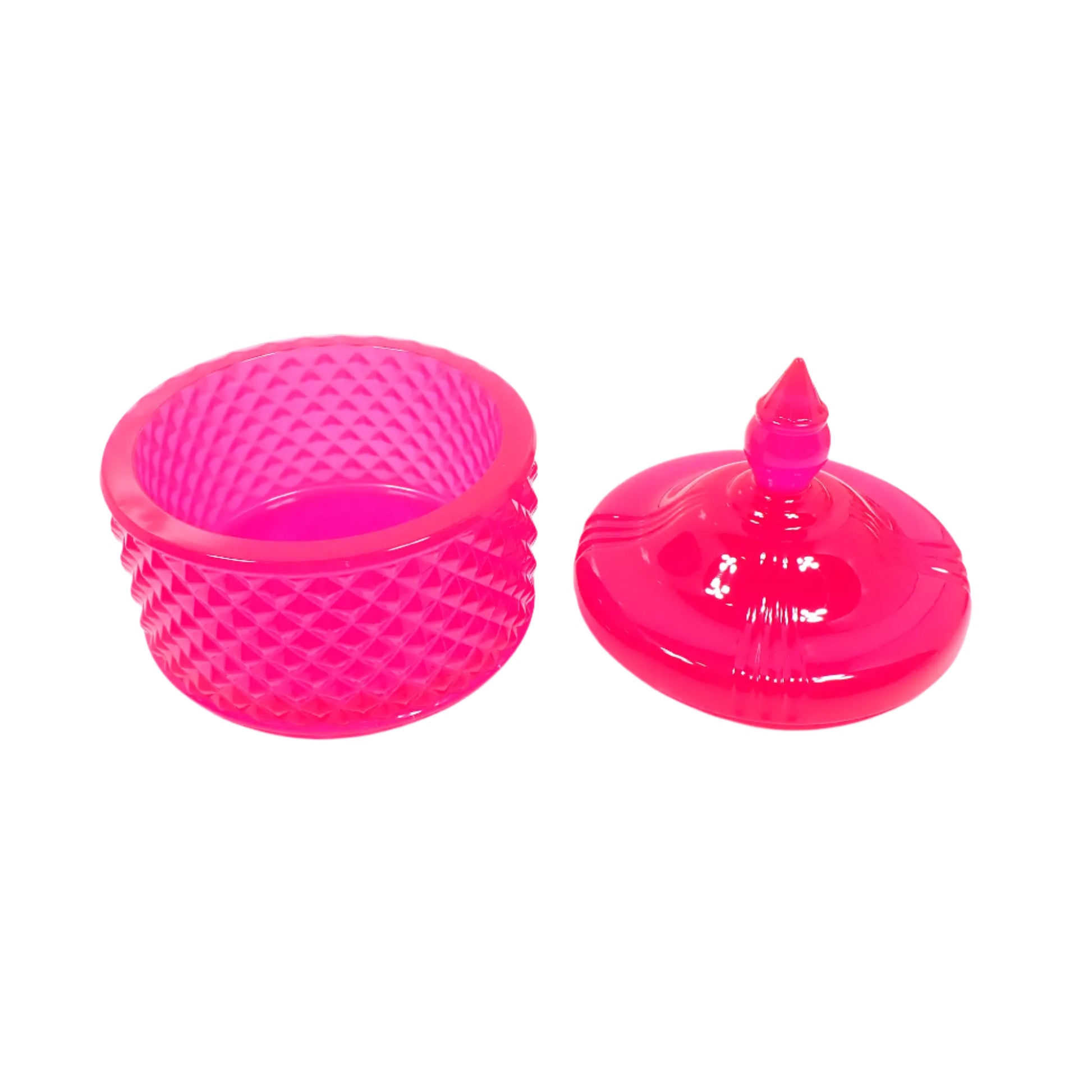 Image of the handmade neon pink resin trinket box with the lid off to the side to show the inside area in the bottom piece where small items could be placed.