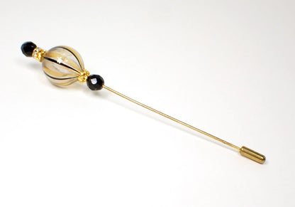 Black and Gold Tone Murano Glass and Rhinestone Mid Century Vintage Hat Pin