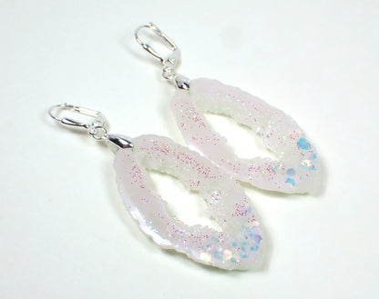 Iridescent Glitter and Pearly White Oval Druzy Geode Style Handmade Resin Earrings Hook Lever Back or Clip On