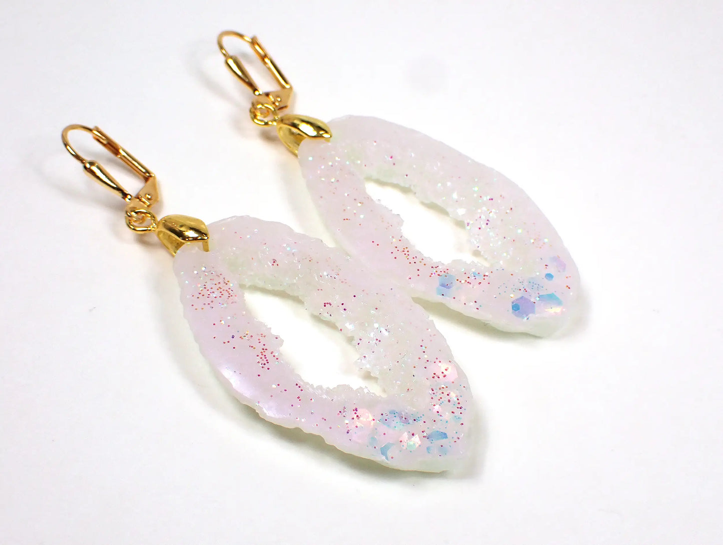 Iridescent Glitter and Pearly White Oval Druzy Geode Style Handmade Resin Earrings Hook Lever Back or Clip On