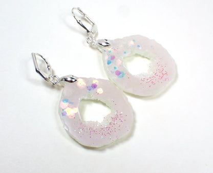 Iridescent Glitter and Pearly White Druzy Geode Style Handmade Resin Rounded Teardrop Earrings Hook Lever Back or Clip On