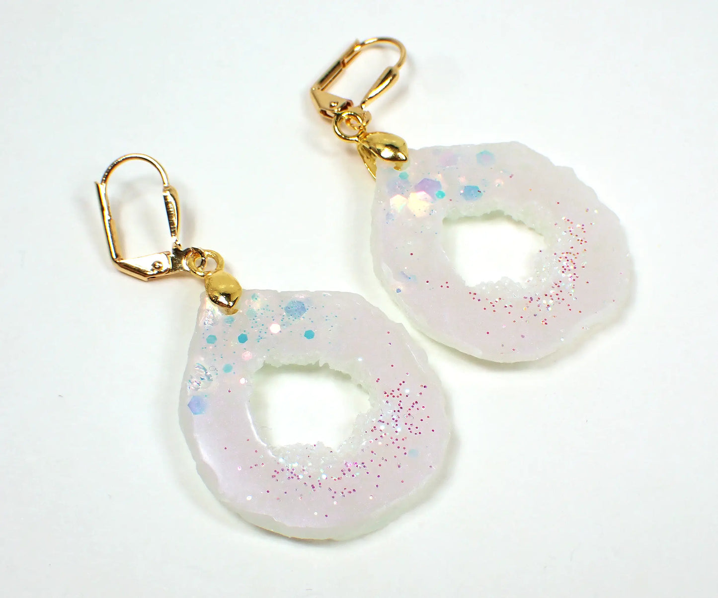 Iridescent Glitter and Pearly White Druzy Geode Style Handmade Resin Rounded Teardrop Earrings Hook Lever Back or Clip On
