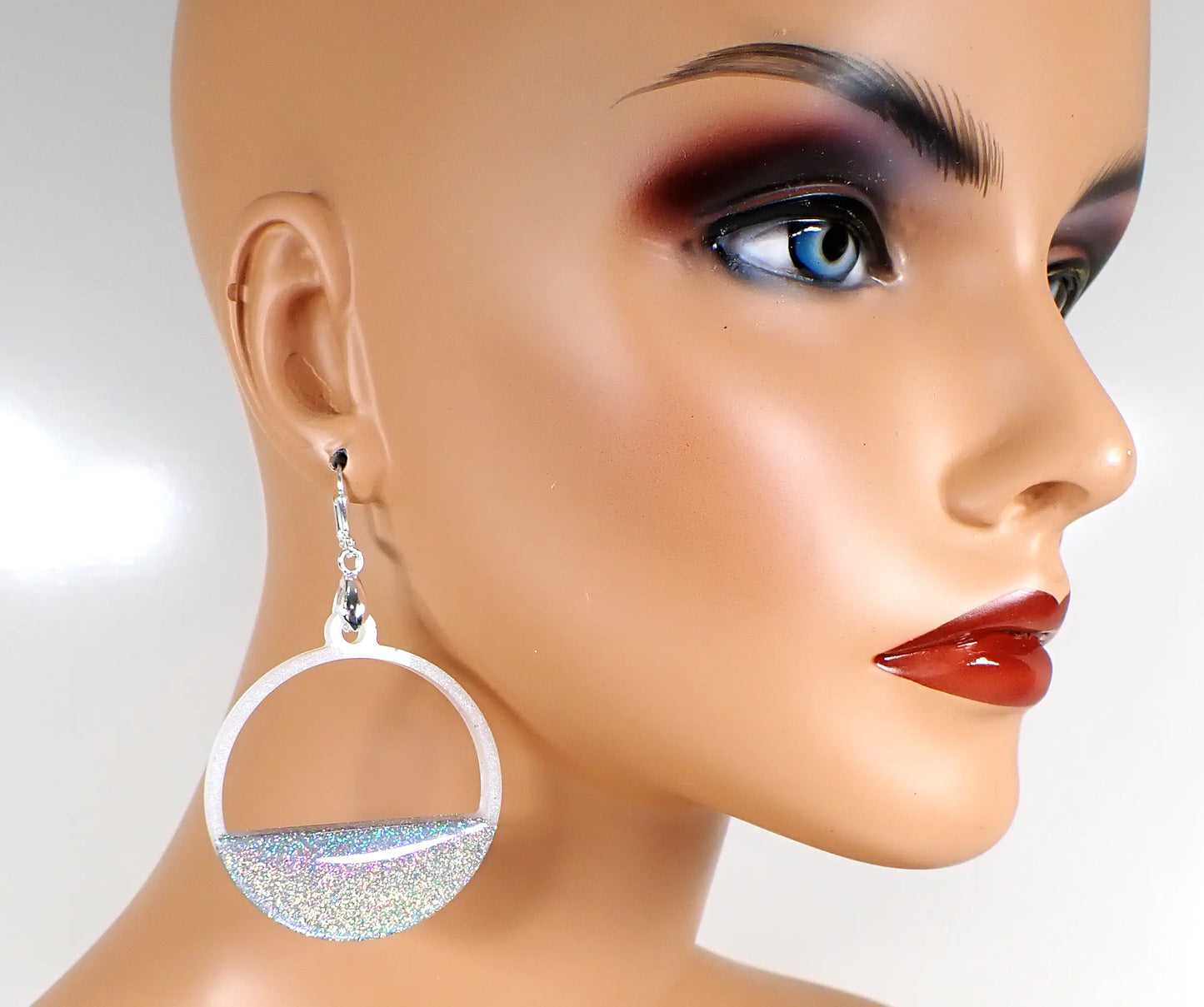 Choice of Medium or Large Holographic Glitter Handmade Resin Hoop Earrings Silver Plated Hook Lever Back or Clip On