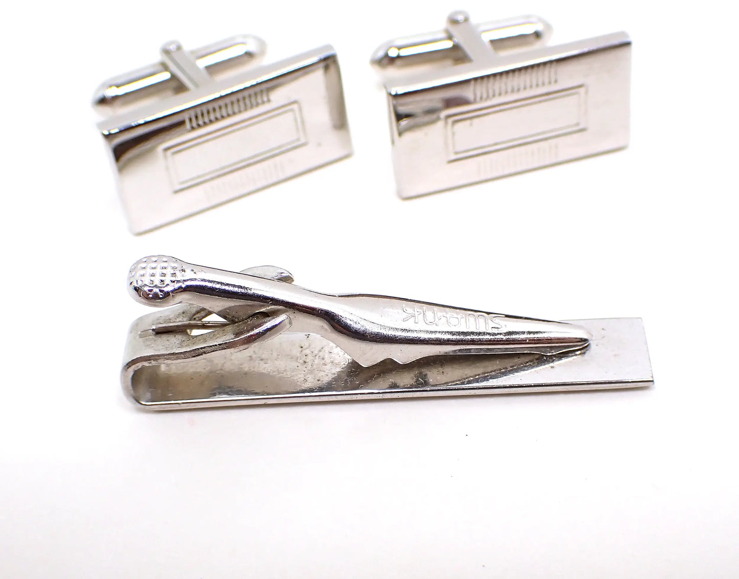 Mid Century Swank Silver Tone Vintage Mens Jewelry Set, Tie Clip Clasp and Cufflinks Cuff Links
