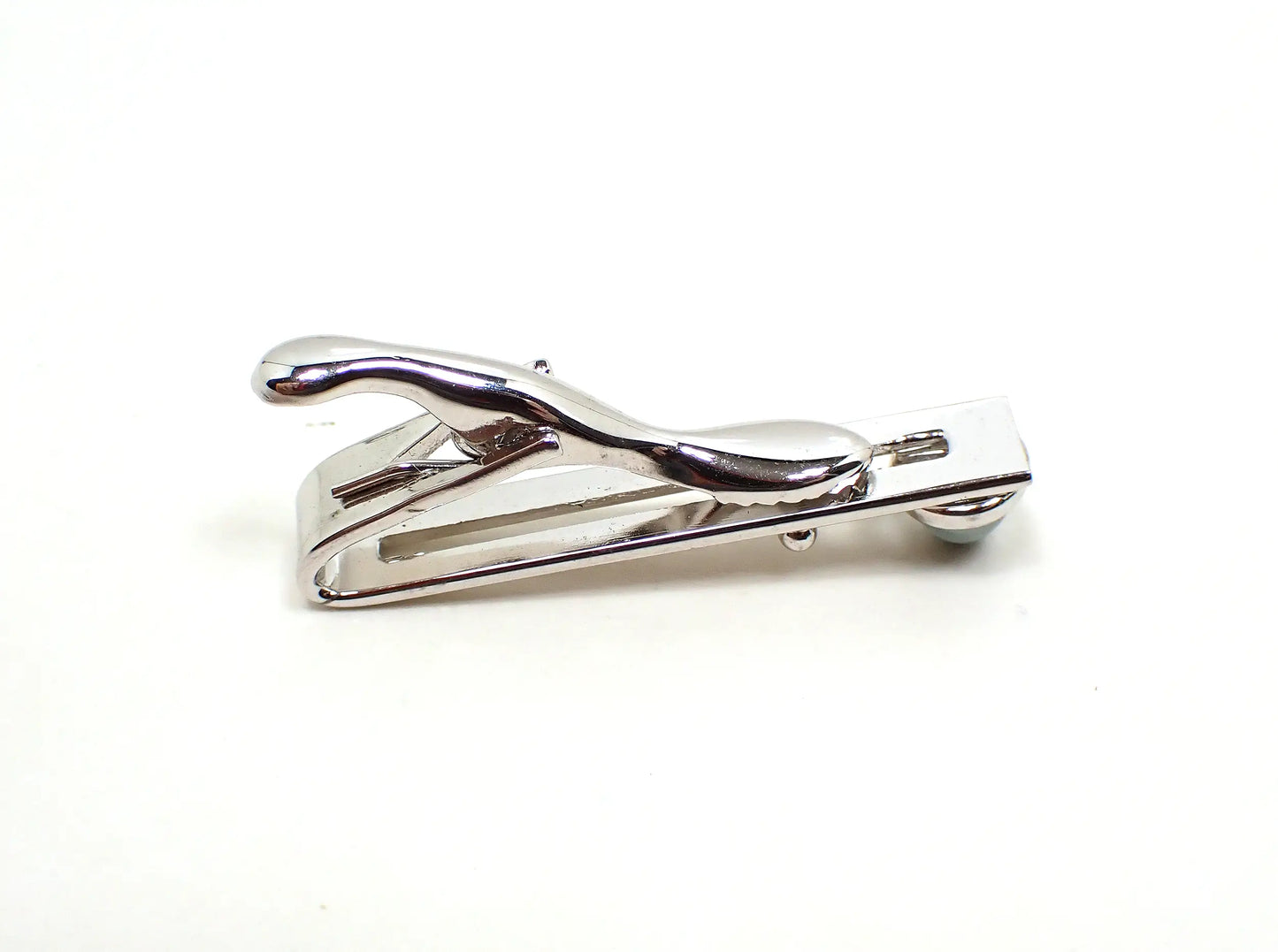 Domed Blue Gray Lucite Retro Vintage Tie Clip Clasp, Silver Tone Plated Metal