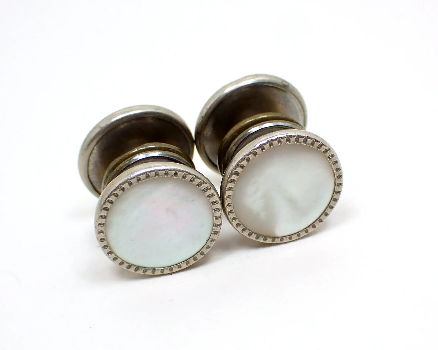 1920s Art Deco Round Mother of Pearl Vintage Cufflinks, Snap Link Cuff Links
