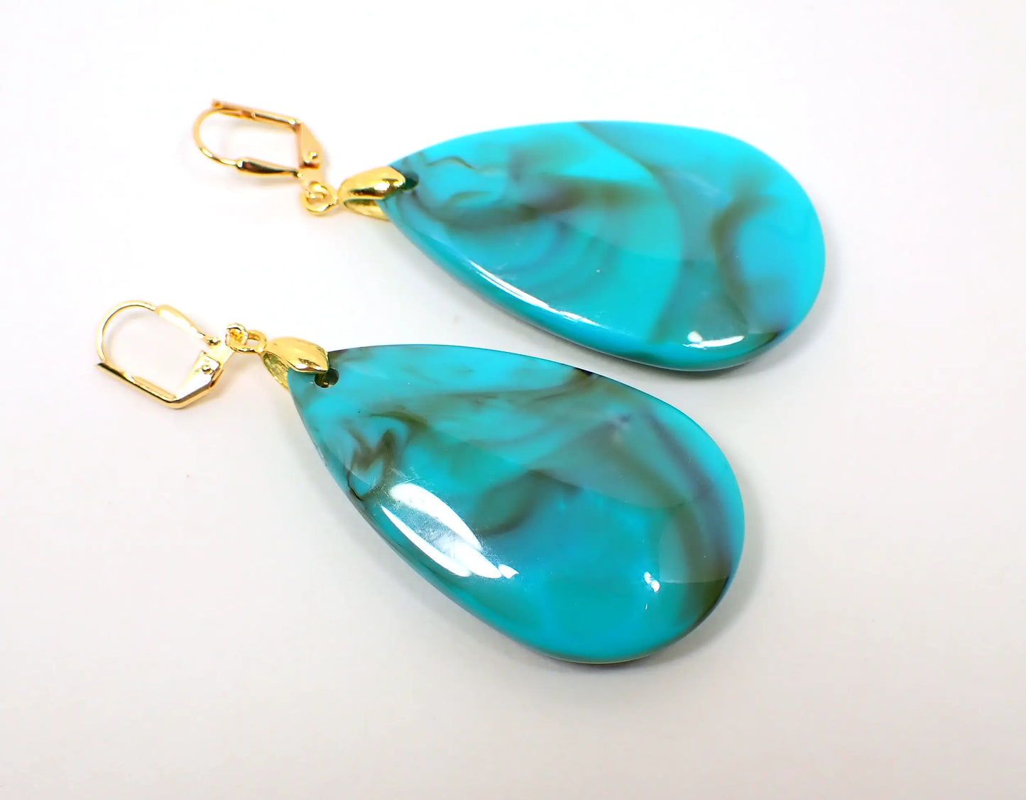 Big Marbled Blue and Brown Acrylic Handmade Teardrop Earrings, Gold Plated Hook Lever Back or Clip On