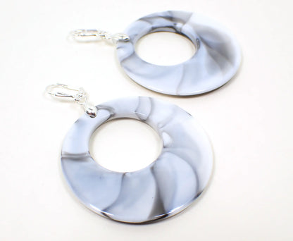 Marbled White Black Gray Acrylic Handmade Hoop Earrings, Silver Plated Hook Lever Back or Clip On