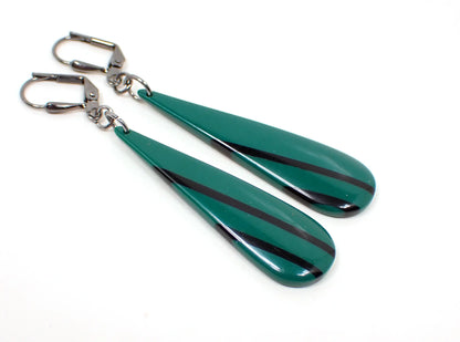 Green and Black Striped Handmade Teardrop Earrings Gunmetal Hook Lever Back or Clip On