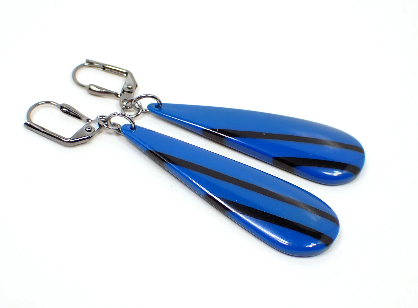 Blue and Black Striped Handmade Teardrop Earrings Gunmetal Hook Lever Back or Clip On