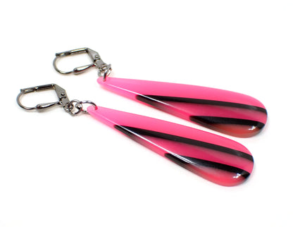 Bright Pink and Black Striped Handmade Teardrop Earrings Gunmetal Hook Lever Back or Clip On