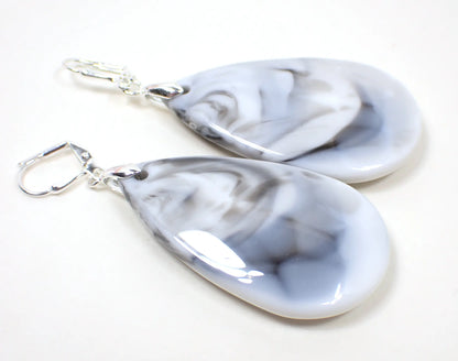 Big Marbled White Gray Black Acrylic Handmade Teardrop Earrings, Silver Plated Hook Lever Back or Clip On