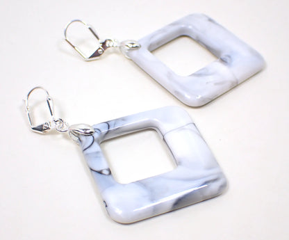 Light Marbled White Black Gray Acrylic Handmade Diagonal Drop Earrings, Silver Plated Hook Lever Back or Clip On