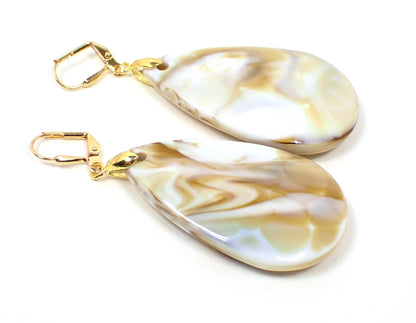 Big Marbled White Yellow Brown Acrylic Handmade Teardrop Earrings, Gold Plated Hook Lever Back or Clip On
